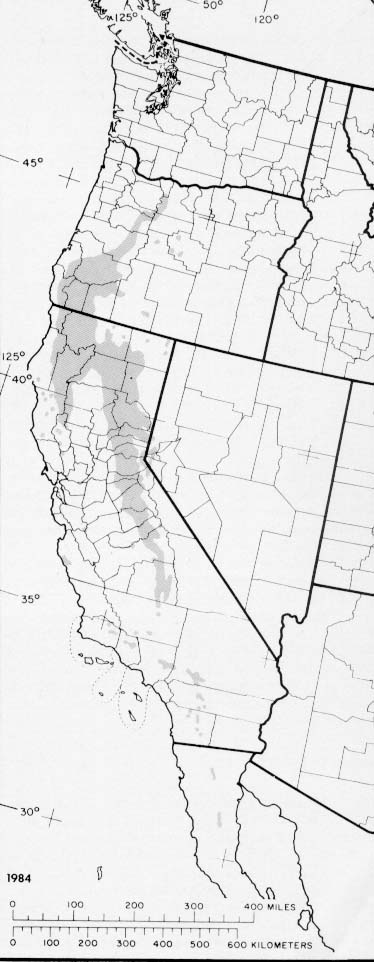 {The native range of Libocedrus decurrens}