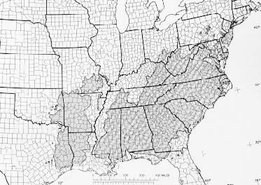 {The native range of Pinus echinata}
