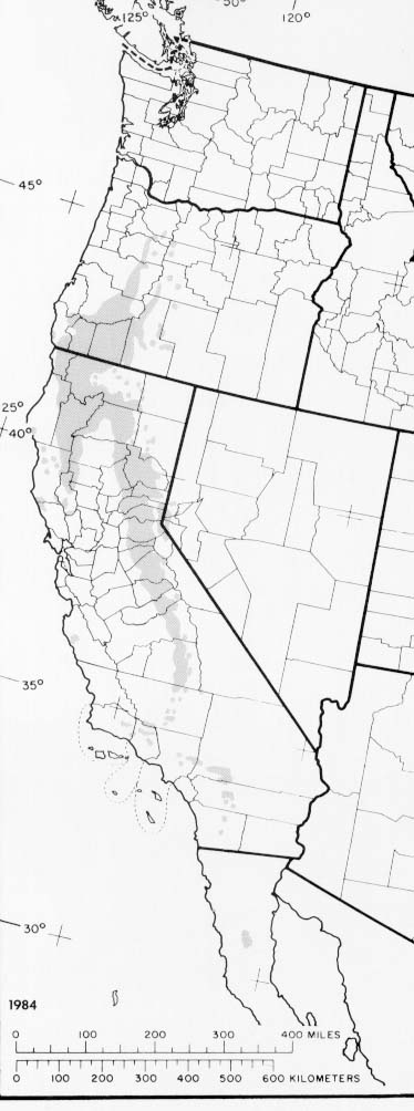 {The native range of Pinus lambertiana}